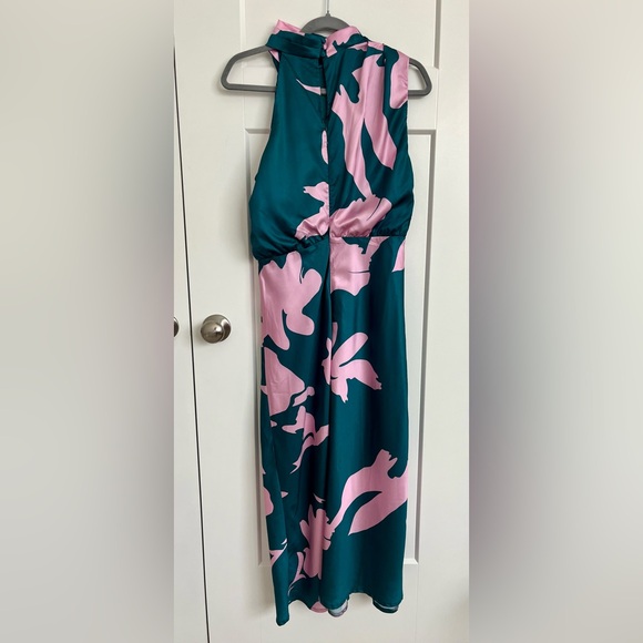 Anabelle Mock Neck Satin Midi Dress US M Teal Pink Mock Neck Cocktail Wedding - Picture 4 of 12